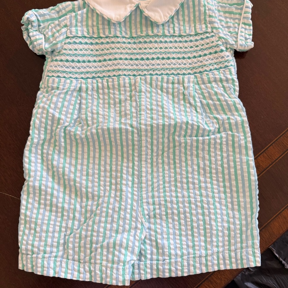 Striped Seersucker Baby Romper with Peter Pan Collar - Mint & White